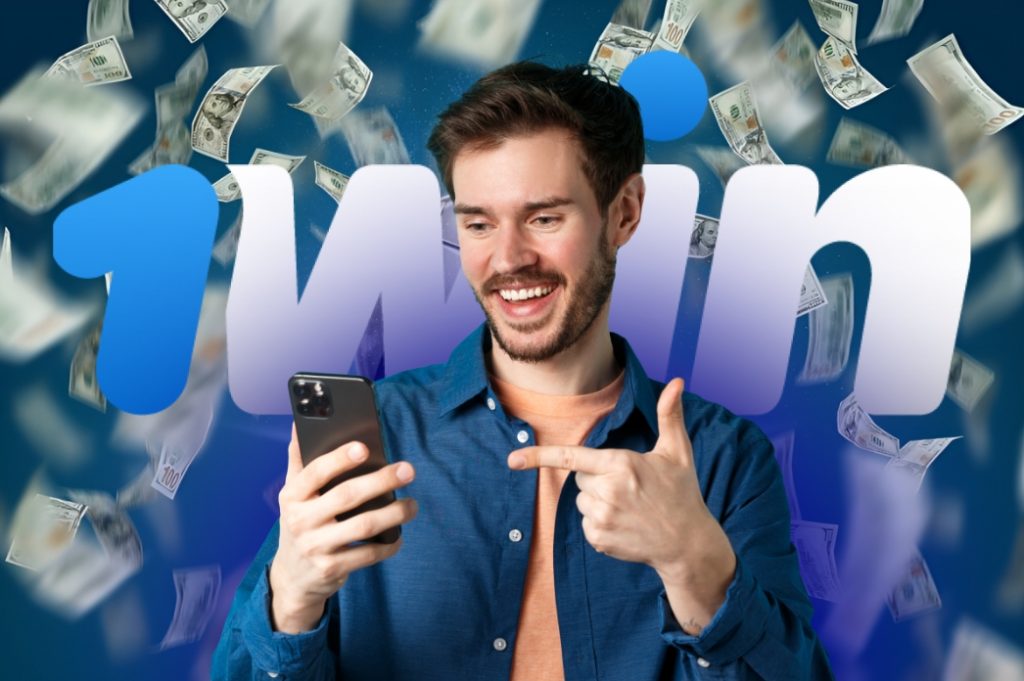 A man holds a smartphone with the word "win" prominently displayed in the background.